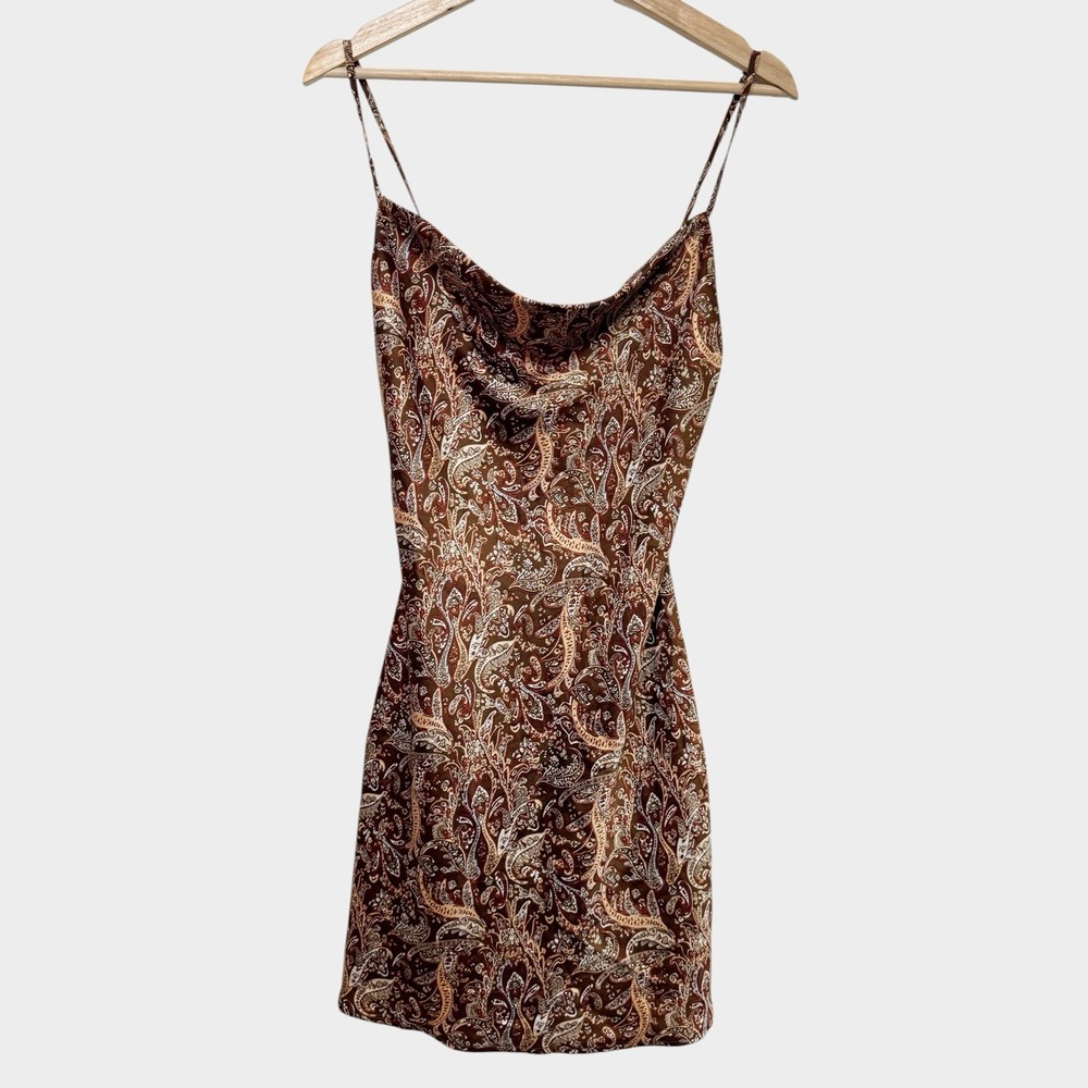 Hollister Brown Paisley Satin Mini Slip Dress Cowl Neck 90s Inspired Club HoCo S